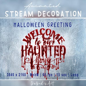May include: Animated Halloween stream decoration with the text "WELCOME to our HAUNTED house". The text is in a dripping blood font, set against a textured silver background. The image includes technical specifications.