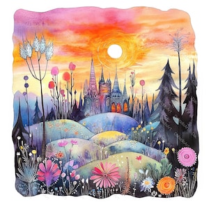 Op de afbeelding: Een aquarel schilderij van een fantasierijk kasteel, genesteld in een kleurrijk landschap. Het kasteel is omgeven door bomen en bloemen, en de lucht is een levendige oranje en roze. De zon gaat in de verte onder en werpt een warme gloed over het tafereel.