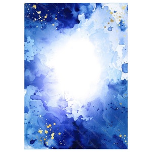 Può includere: Sfondo astratto ad acquerello con schizzi di vernice blu e bianca e accenti di glitter dorati.