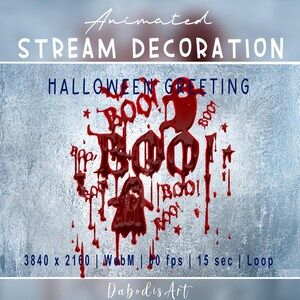 Puede incluir: Decoración de transmisión animada de Halloween con el texto "STREAM DECORATION" y "HALLOWEEN GREETING". El diseño presenta texto "BOO!" rojo goteando y figuras de fantasmas sobre un fondo plateado texturizado. La imagen incluye especificaciones técnicas.