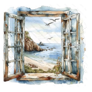 Puede incluir: Una pintura de acuarela de una ventana con vista a una playa y el océano. La ventana está abierta y la vista está enmarcada por el marco de madera de la ventana. El océano es azul y la playa es arenosa. Hay pájaros volando en el cielo.