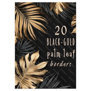 20 feuilles de palmier noires et dorées pour carte de condoléances. Frontière moderne. Cadre floral. Coins de feuilles abstraits. Lots de cliparts imprimables. JPG