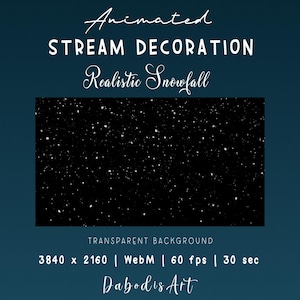 Könnte beinhalten: Animierte Stream-Dekoration mit realistischem Schneefall. Das Bild zeigt einen schwarzen Hintergrund mit weißen, animierten Schneeflocken. Der Text enthält "Animated STREAM DECORATION Realistic Snowfall" und "Transparent Background". Die Auflösung beträgt 3840 x 2160.