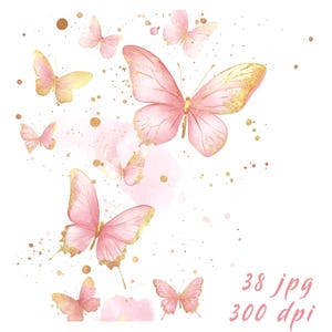38 Aquarell Schmetterling Bordüre. Rosa Gold Fantasie Rahmen mit Farbspritzer. Boho Rand. Druckbare Clipart Bündel. Kommerziell Nutzung. JPG
