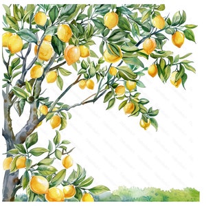May include: Watercolor painting of a lemon tree branch with green leaves and yellow lemons. The branch is depicted against a white background.