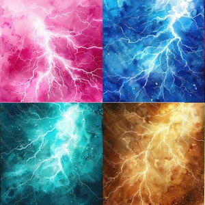 May include: A digital collage of nine watercolour backgrounds featuring a white lightning bolt design. The backgrounds are in various colours, including purple, pink, blue, red, black, teal, brown, and green.