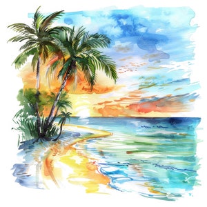 Peut inclure: Peinture à l'aquarelle d'une scène de plage tropicale avec deux palmiers sur le rivage. Le ciel est d'un orange et d'un bleu vifs avec des nuages. L'océan est d'un bleu turquoise avec des vagues blanches.