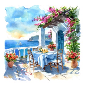 20 Watercolor Mediterraans restaurant in de zomer aan zee. Café Natuur Landschap Bloemen. Afdrukbare clipartbundels. Hoge resolutie JPG.