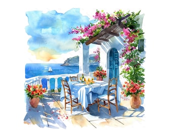 May include: A watercolor painting of a white building with a blue door and a table set for a meal on a balcony overlooking the ocean. The balcony is decorated with flowers and vines. A sailboat is visible in the distance.