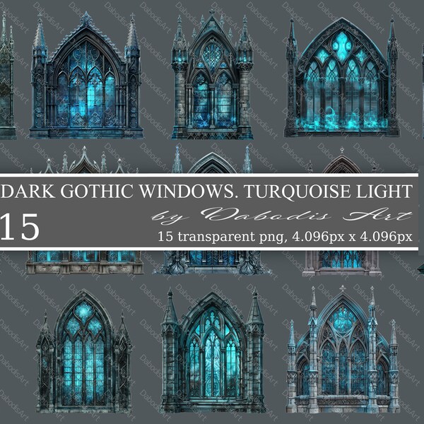 Gothic windows clipart bundle. Mystical turquoise light. 15 dark architecture elements. Transparent png. Commercial use.