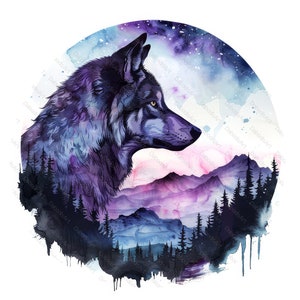 Pacchetto di 20 clipart raffiguranti teste di lupo in acquerello. Disegno del lupo di notte. cielo stellato. Luna. Uso commerciale. Formato JPG