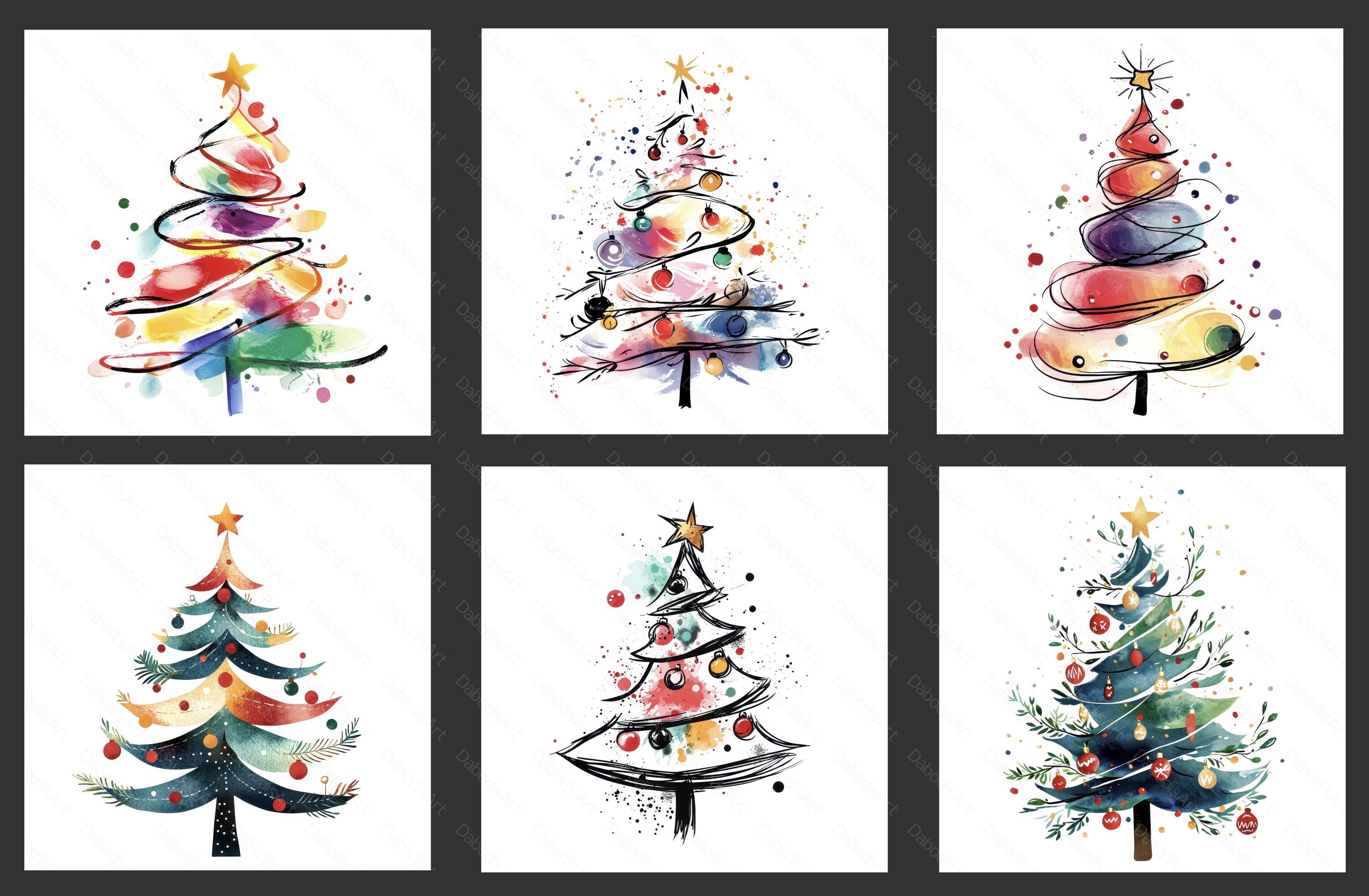 手描き風のクリスマスツリー57点。セット1。風変わりなクリスマス