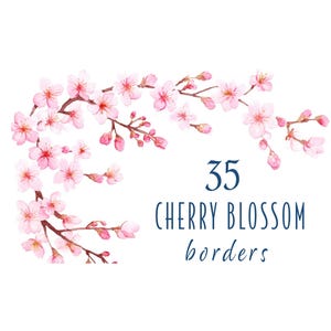 Pode incluir: Uma ilustração em aquarela de 35 bordas de flores de cerejeira rosa. As flores são dispostas em forma de curva, criando um design delicado e elegante.
