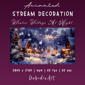 Może przedstawiać: Animowane cyfrowe dzieło sztuki zatytułowane "Zimowa wioska w nocy". Obraz przedstawia zaśnieżoną wioskę z podświetlonymi domami, udekorowaną choinką i padającym śniegiem. Grafika ma wymiary 3840 x 2160 pikseli, w formacie mp4, 60 fps i trwa 30 sekund.