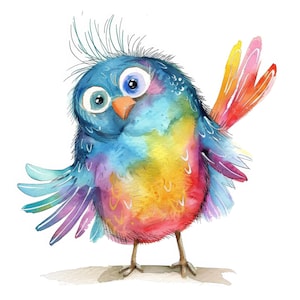 20 oiseaux aquarelles fantaisistes. Oiseaux mignons originaux et colorés drôles. Lot de cliparts imprimables. Utilisation commerciale. JPG haute résolution.