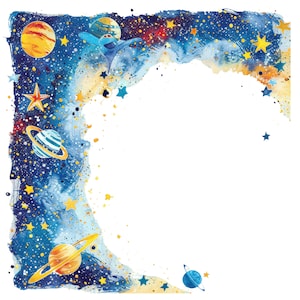 20 aquarel kosmosachtergronden. Universum frame. Galaxy-rand. Sterren, planeten, ruimteschip. Afdrukbare clipartbundel. Transparante PNG