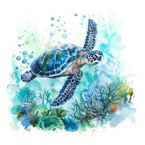 20 Tortuga Marina Acuarela. Paisaje submarino con corales. Tortuga nadadora. Paquete de imágenes prediseñadas imprimibles. JPG de alta resolución.