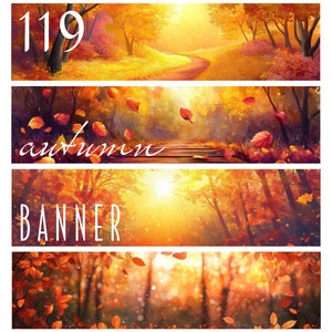 119 striscioni raffiguranti la natura della foresta autunnale. Paesaggio con fogliame degli alberi. Design moderno. Sfondo bokeh con raggi di sole. Clipart stampabili. Commerciale.JPG