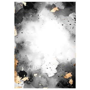 May include: Abstract watercolour background with black and gold paint splatters. The background is mostly white with black and gold accents.