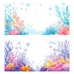 May include: Two watercolor illustrations of underwater scenes with coral reefs, seaweed, and bubbles. The top illustration features blue and pink coral, while the bottom illustration features purple and pink coral.