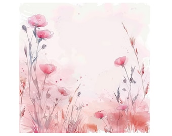 May include: Watercolor painting of pink flowers with delicate stems and leaves on a light pink background.