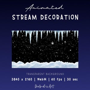 May include: Animated stream decoration graphic with a dark blue background. The image features a winter scene with icicles, falling snow, and a snow-covered ground. Text includes "Animated Stream Decoration" and "Transparent Background".
