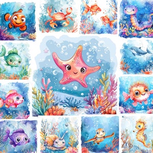 20 different watercolor sea creatures. Cute underwater fish. Shark, whale, jellyfish, seal, starfish, dolphin. Printable clipart bundle. JPG
