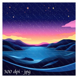 25 paisajes oníricos de fantasía. Cielo nocturno de fantasía. Estrellas de la luna en la noche. Fondo de dibujos animados. Papel digital. Clipart imprimible. JPG