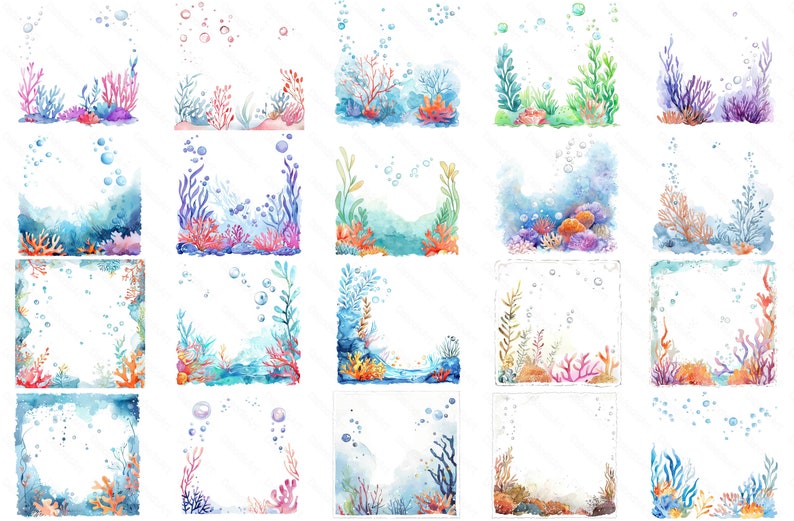 20 Watercolor Coral Background. Set 3. Underwater Frame. Seabed With ...