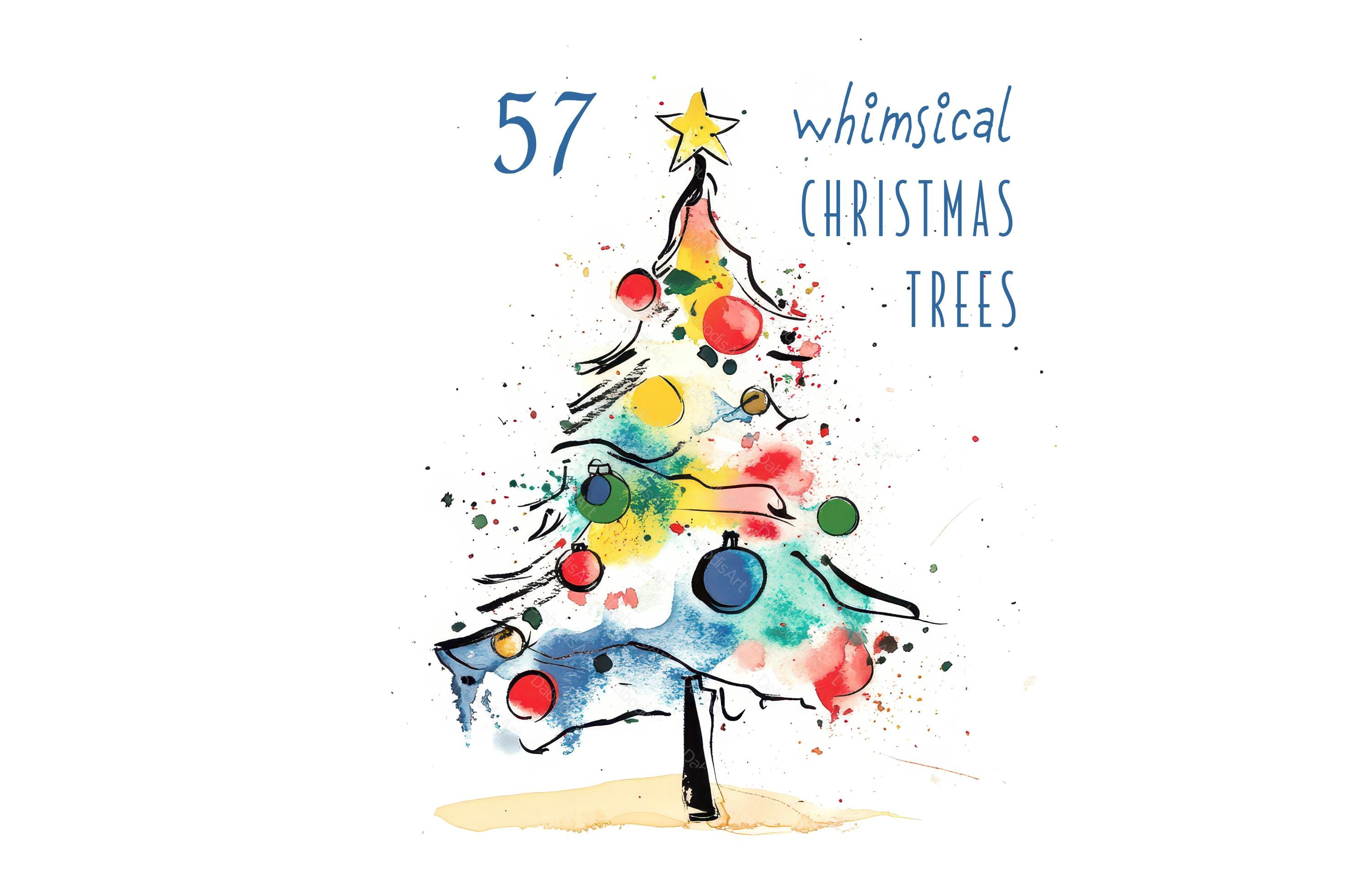 手描き風のクリスマスツリー57点。セット1。風変わりなクリスマス