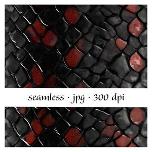 May include: Seamless pattern with a reptile skin texture. The design features a repeating pattern of dark gray and black scales with red accents. The text "seamless .jpg .300 dpi" is at the bottom.
