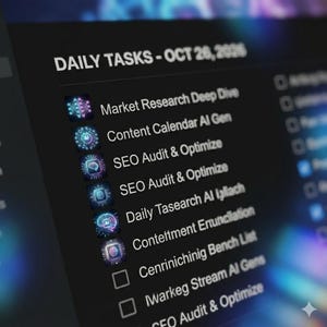 Könnte beinhalten: Ein Bildschirm zeigt eine Liste mit der Überschrift "DAILY TASKS - OCT 26, 2026". Die Aufgaben umfassen "Market Research Deep Dive" und "SEO Audit & Optimize", jeweils mit einem KI-bezogenen Symbol. Der Hintergrund ist dunkel mit einem verschwommenen, leuchtenden Effekt.