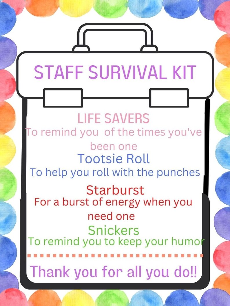 Digital Downloadable STAFF SURVIVAL Kit TAGS, Printable Staff