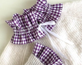 Detachable Victorian collar and matching cuffs in purple and white gingham