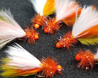 Orange Hot Head Consett Budgie lures. Trout lure Streamers Steelhead flies UK fishing flies Euro nymphs Bead head