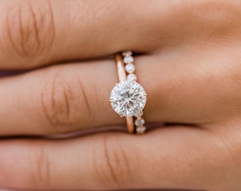 Round Moissanite Engagement Ring Set, Rose Gold Bridal Set, Dainty Eternity Band, Classic Wedding Set, Stackable Ring, Solitaire Wedding Set