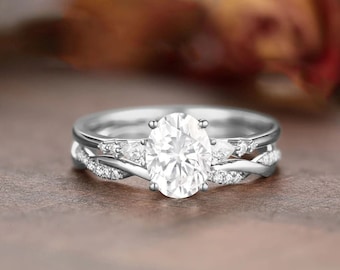 Oval Cut Moissanite Engagement Ring Set, 14K Rose Gold Ring, Twisted Band, Vintage Unique Pear Diamond Cluster Ring Women Stacking Ring