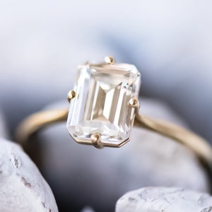 Forever One East to West Ring, Emerald Cut Moissanite Ring, 14K Yellow Gold Ring Emerald Cut East to West Solitaire Engagement Ring For Gift