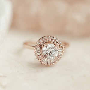 Round Cut Moissanite Engagement Ring Art Deco Ring 14K Rose Gold Ring Wedding Ring For Her Handmade Jewelry Halo Anniversary Ring For Women