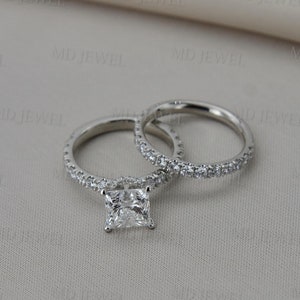 Solitaire Moissanite Wedding Ring Set, 1.50 CT Princess Cut Moissanite Ring, Pave Accent 14K White Gold Engagement Ring Set, Bridal Ring Set