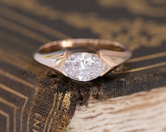 East West Marquise verlovingsring, roségouden ring set ring, horizontale marquise solitaire, moderne minimalistische ring, 14k massief goud, uniek