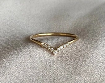 Stackable Engagement Ring, Stacking Matching Band, Micro Pave Setting Diamond V Shape Ring, Dainty Wedding Band, Gold Diamond Chevron Ring