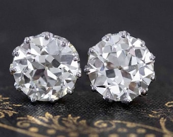 Brincos de Moissanita com Corte Antigo Europeu Vintage Crown, em Ouro Branco 14K Maciço, com Diamante Redondo Brilhante OEC, Estilo Antigo.