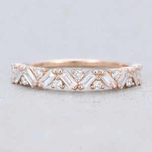 Unique Half Eternity Baguette Cut Moissanite Wedding Band Women Matching Band Bridal Promise Gift For Her Vintage Rose Gold Wedding Band