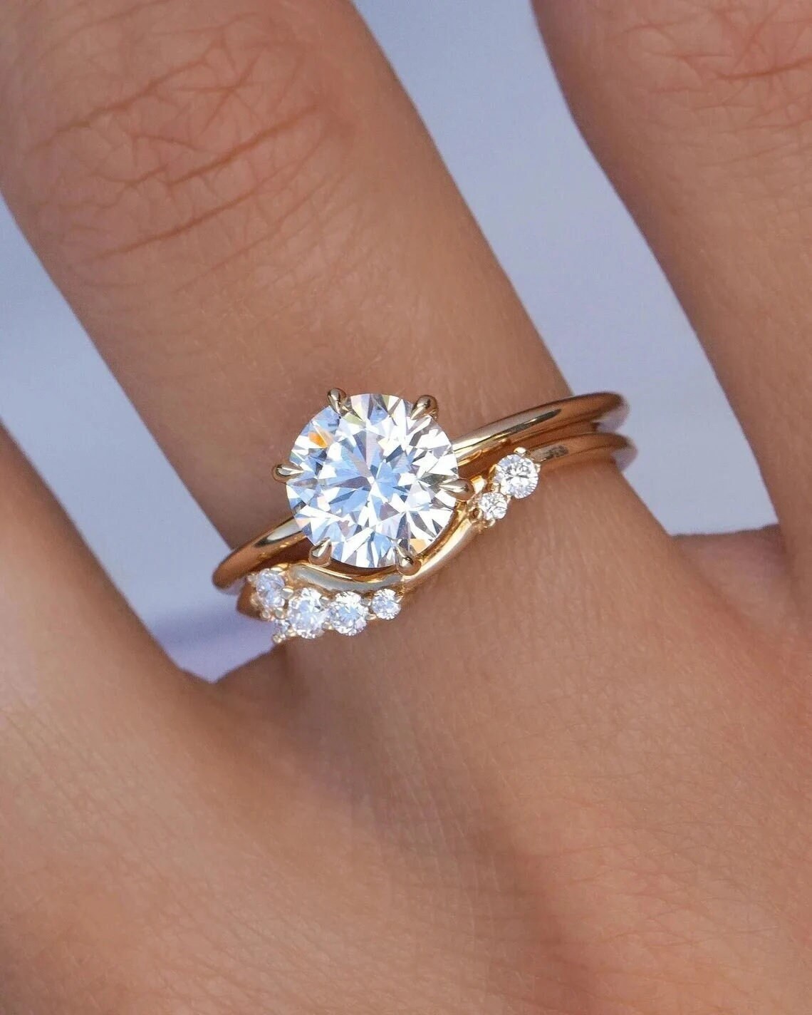 Round Cut Gentle Curved Engagement Ring Set 14K Yellow Gold Asymmetrical Cluster Diamond Wedding Ring Set Solitaire Ring Stackable Ring Set