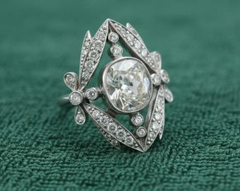 Art Deco Engagement Ring, 14K White Gold Wedding Ring, Pave Set Diamond Vintage Shield Moissanite Cocktail Ring, Alternative Statement Ring