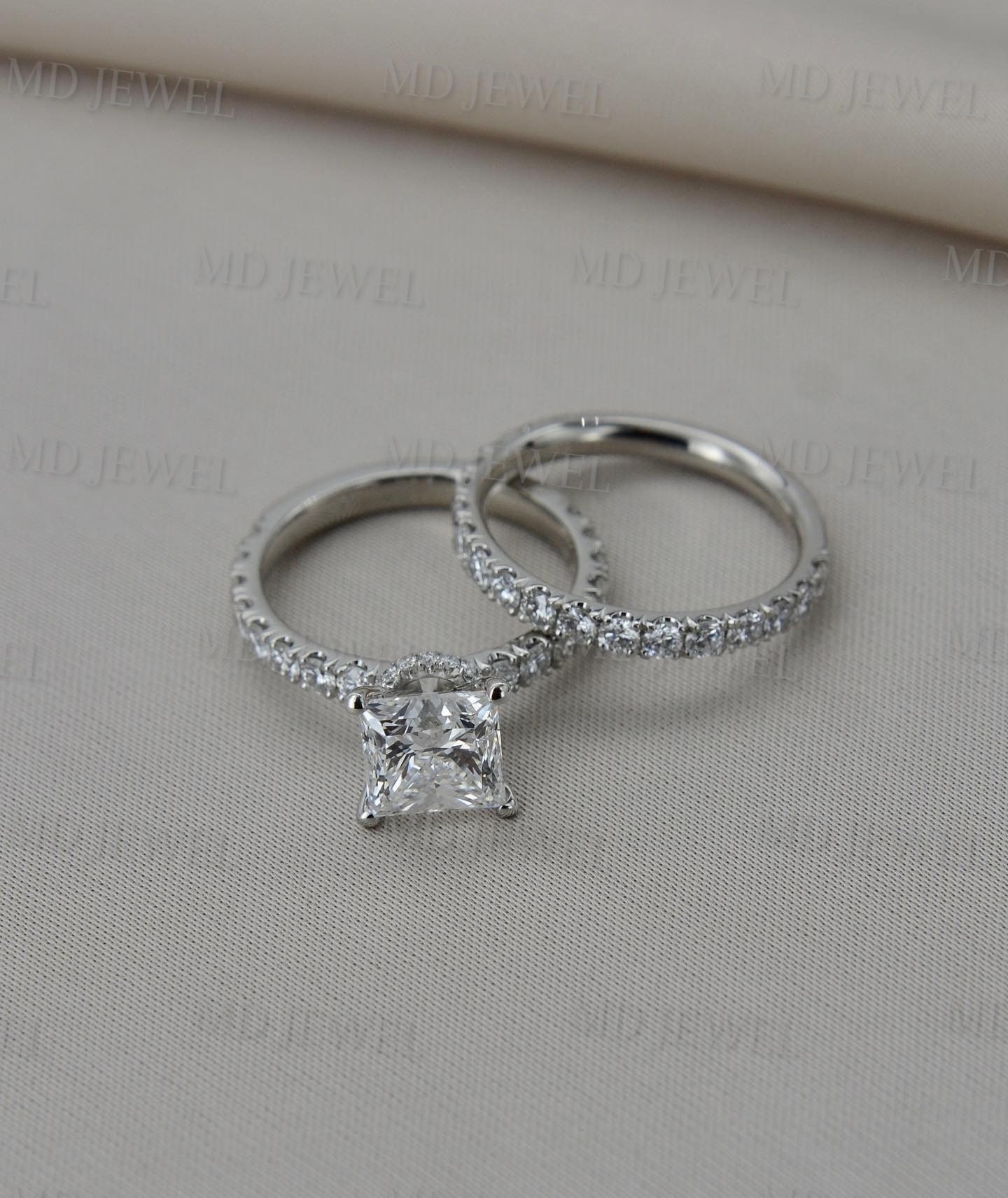 Solitaire Moissanite Wedding Ring Set, 1.50 CT Princess Cut Moissanite Ring, Pave Accent 14K White Gold Engagement Ring Set, Bridal Ring Set