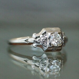 Vintage Round Diamond Art Deco Ring in 14K Solid White Gold Engagement ...
