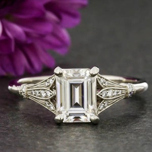 Vintage Engagement Ring Art Deco Ring 14K White Gold Wedding Gift Ring Emerald Cut Moissanite Engagement Ring Anniversary Ring Gift For Her