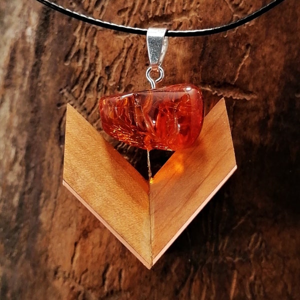 Wood Pendant with Baltic Amber and Copper